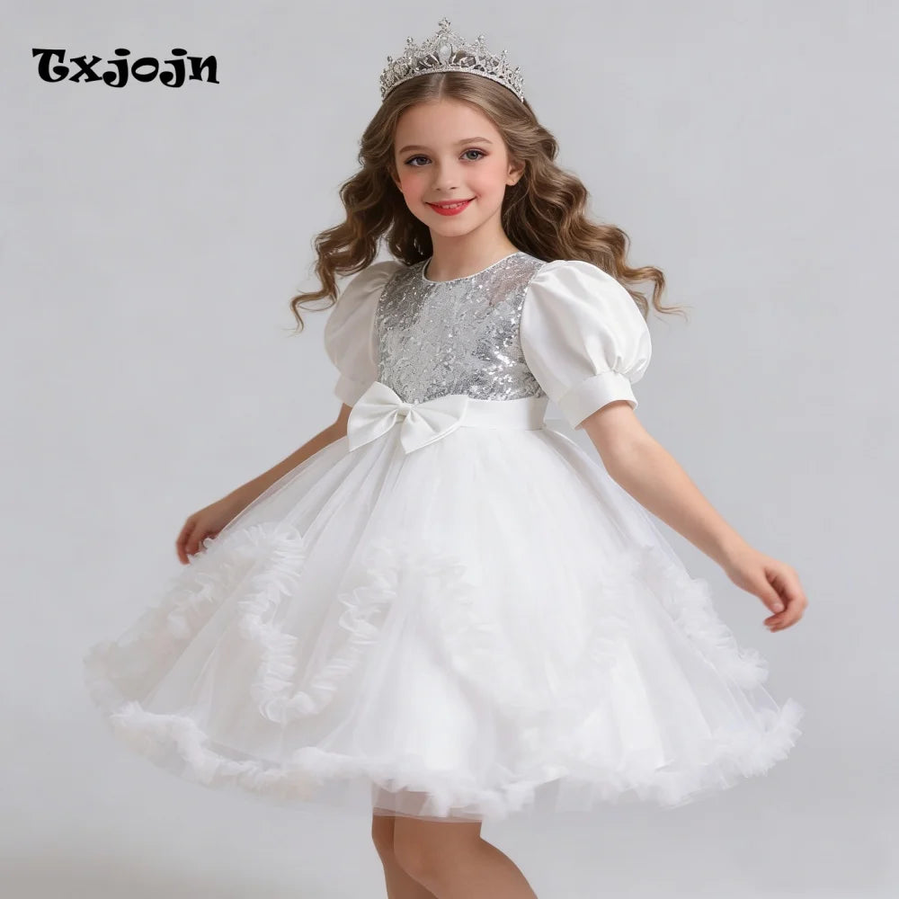 Girl's Dress 3-14 Years Old Girl's Bow Princess Dress Sequined Puff Sleeve Mesh Dress