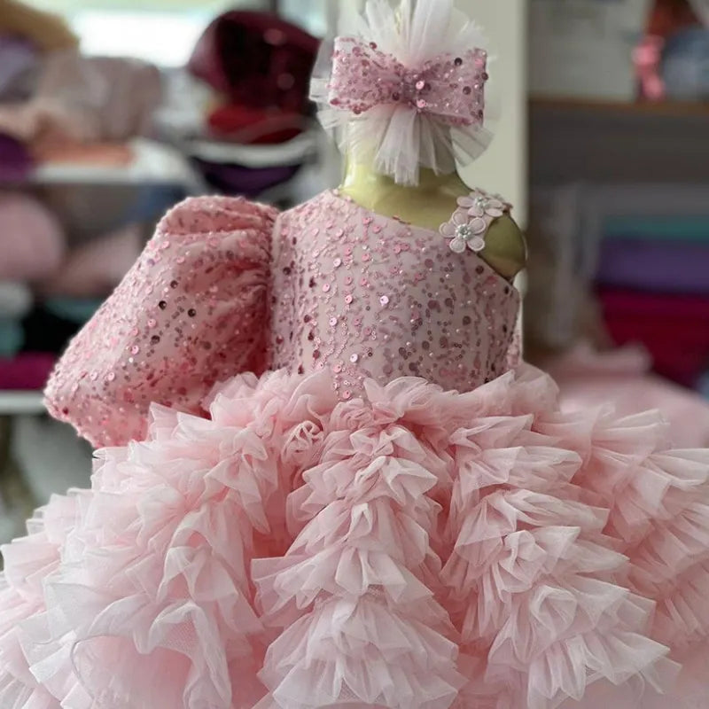 Baby Girl Princess Sequins Dress Diagonal Shoulder Infant Toddler Child Tulle Vestido Party Wedding Pageant Baby Clothes 1-14Y