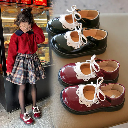 Girl's Princess Shoes Wine Red Black Ruffles Elegant Patent Leather Bowknot Children Flat Shoes 21-35 Toddler Kids Single Shoe