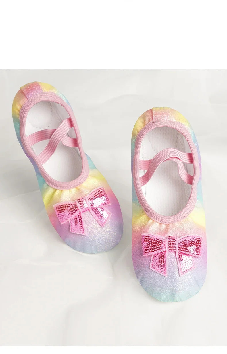 Children's Dance Shoes Girls Ballet Flats Shoes Rainbow Bow Sequins Leather Soft Soled