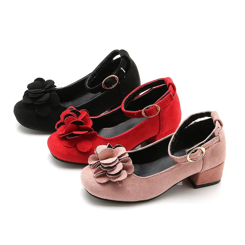 Girls Party Shoes High Heeled Fashion Princess with Flowers Sweet Chic Kids Leather Shoes for Wedding Model Shoes Ankle-strap