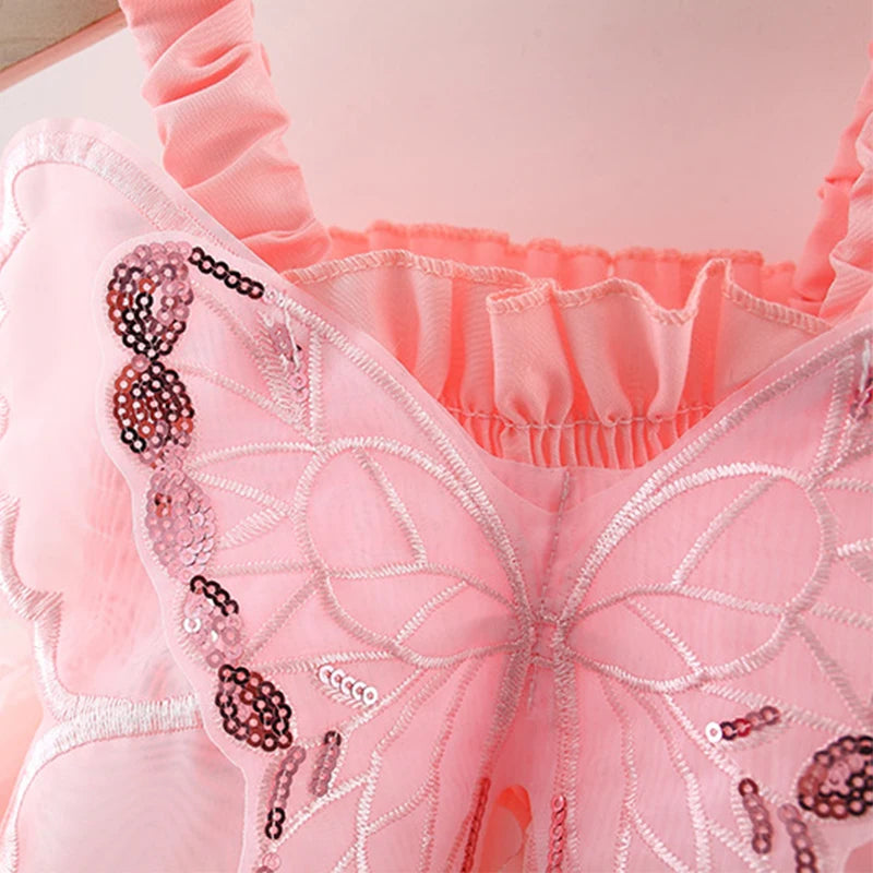 Raven Girls Summer Dress with Butterfly Mesh Splicing