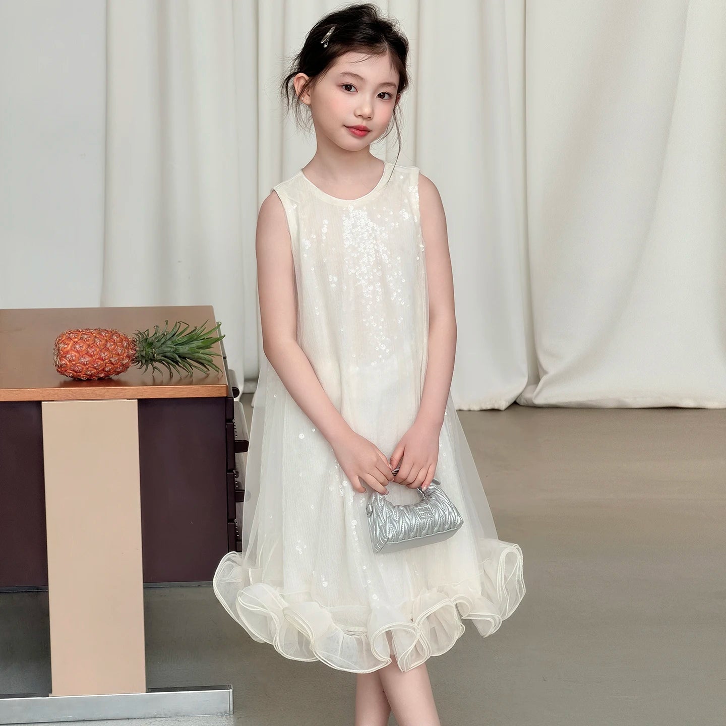Kids Princess Dresses For Girls White Sleeveless Tulle Ruffle Dress