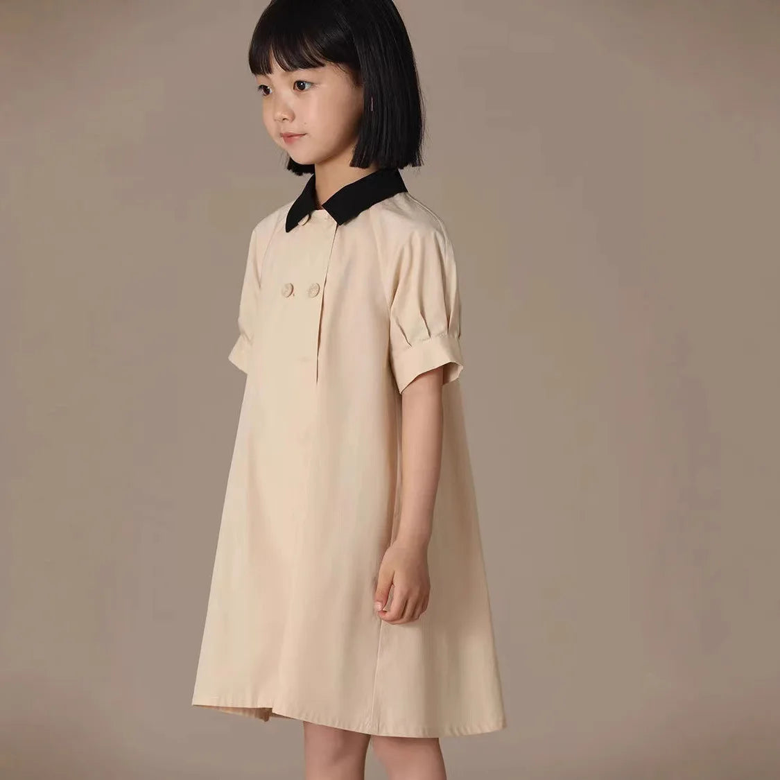 Girls Dress 2025 Spring Summer New Simple Temperament Cotton Contrasting Turn-down Collar Dress