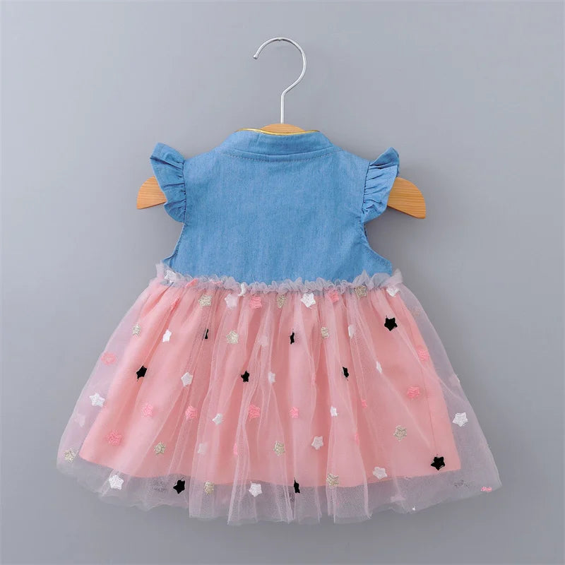 Baby Girls Dresses Summer 1-4Years Kids Tulle Dress Ruffles Sleeve Denim Cotton Mesh