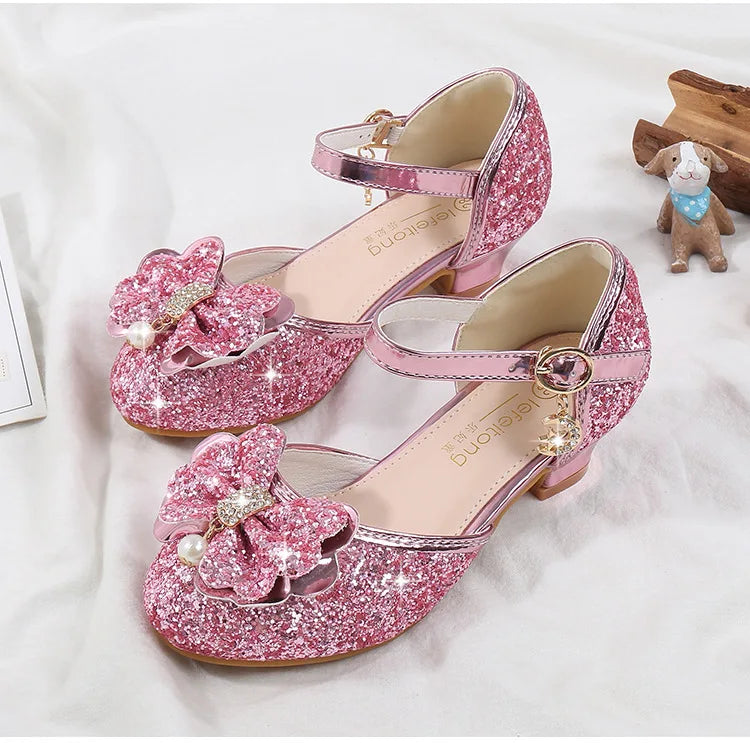 Girls' High Heels Fashion New Sequin Bow Shoes Children's Dance Single Shoes