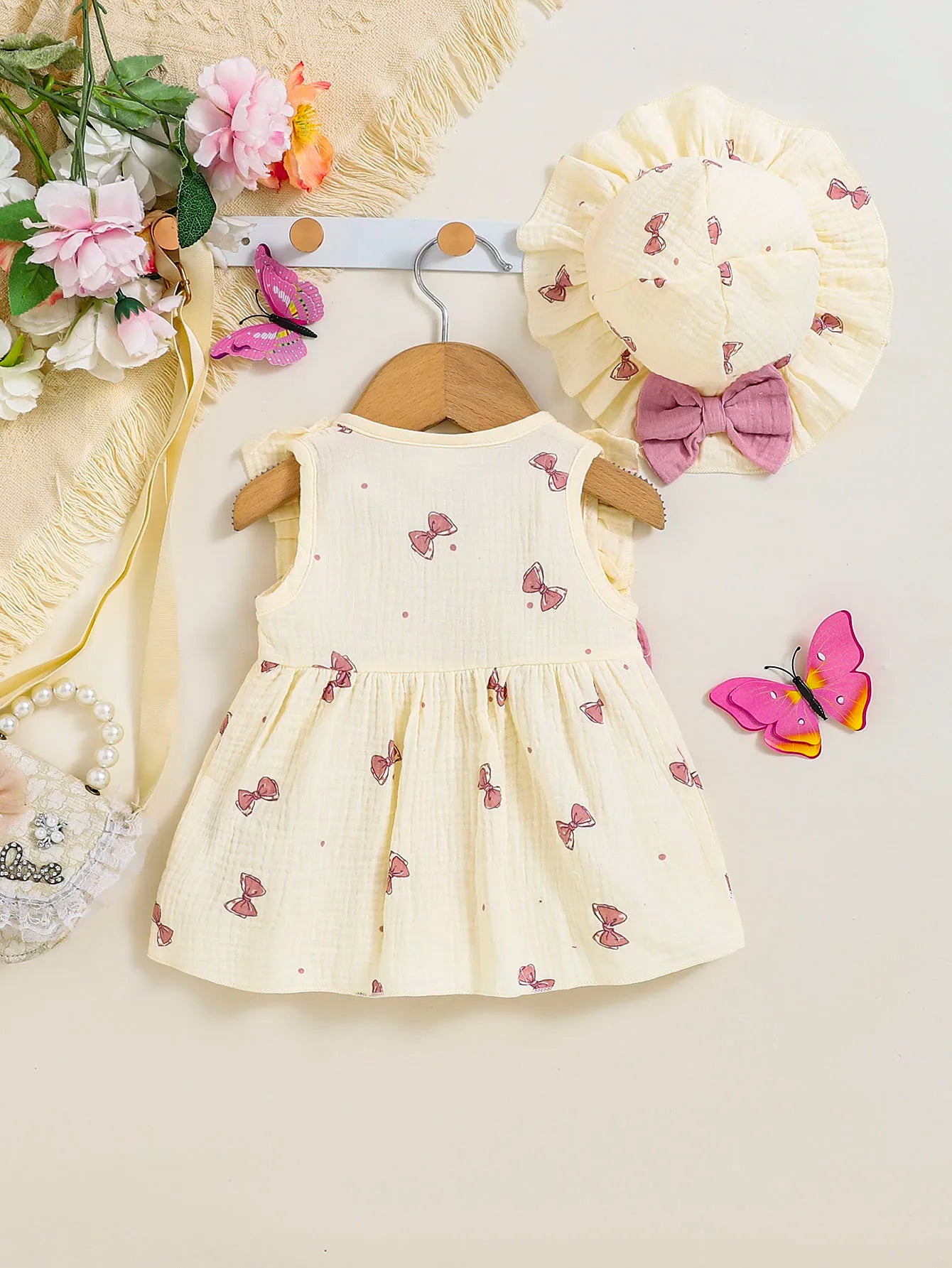 2Pcs Baby girl Dress Round neck Bow print Ruffle Edge Dress+Hat Set