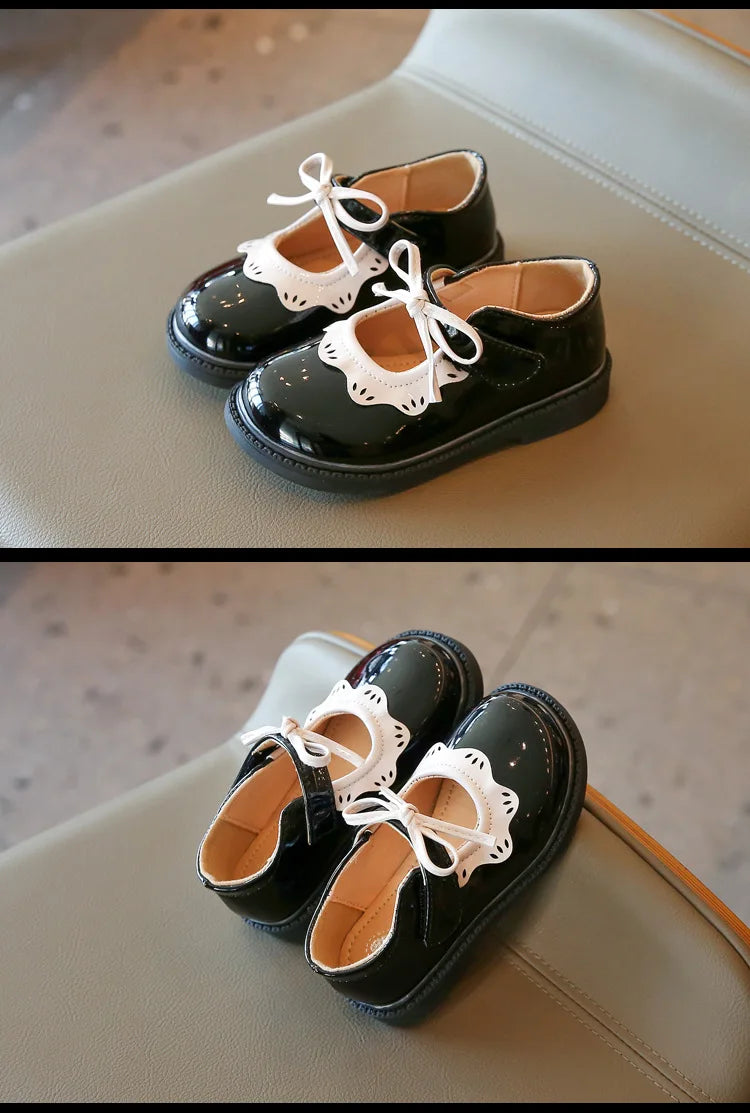 Girl's Princess Shoes Wine Red Black Ruffles Elegant Patent Leather Bowknot Children Flat Shoes 21-35 Toddler Kids Single Shoe