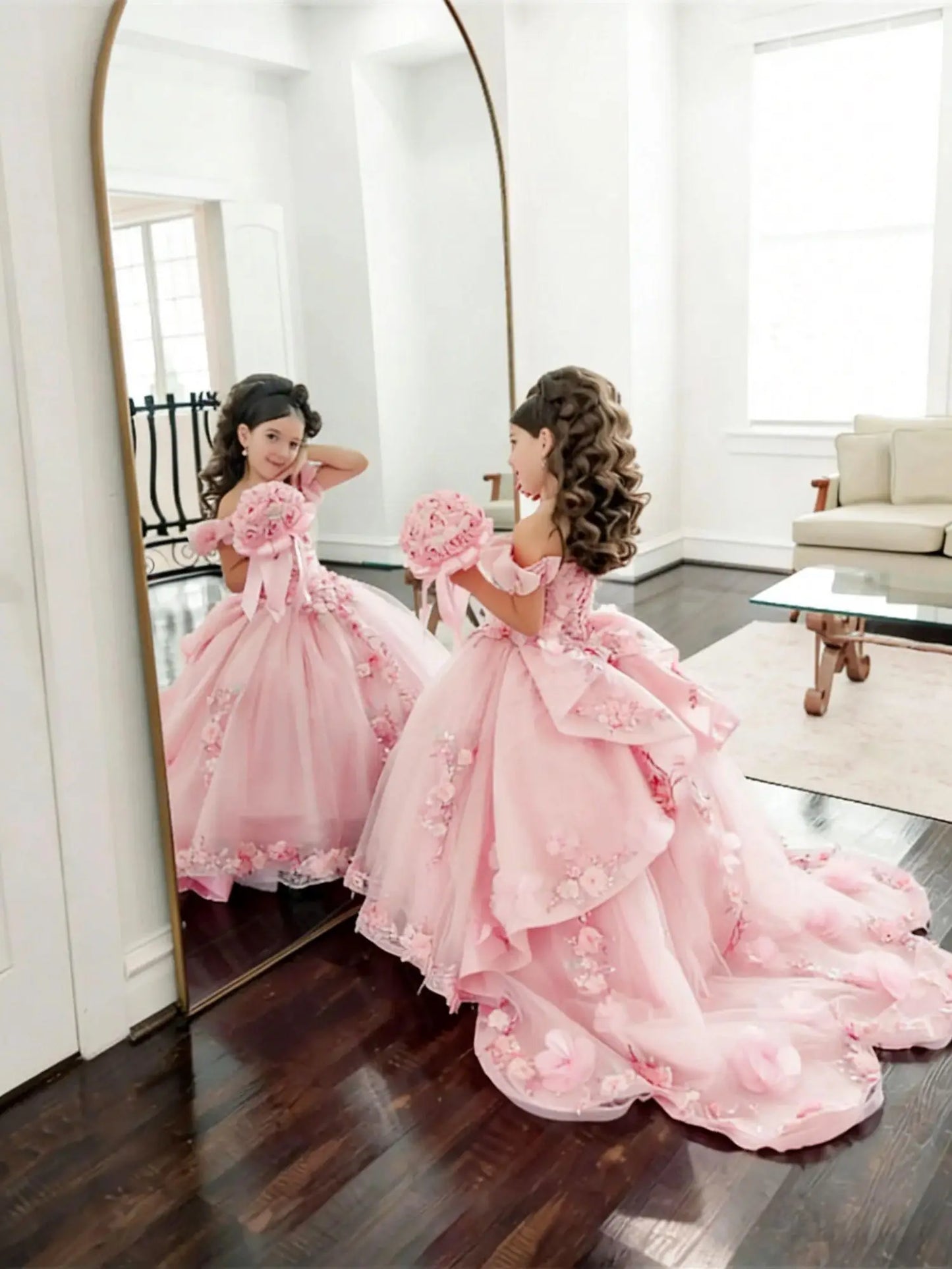 Girl Gown Flower Girl Dress for Wedding Off The Shoulder Applique Tulle Puffy