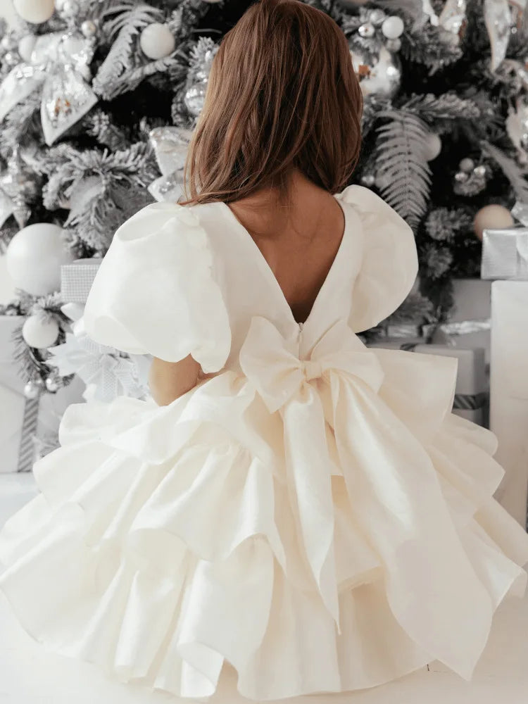 Girls Creamy-white Bow Short Sleeve Wedding Birthday Party Dress