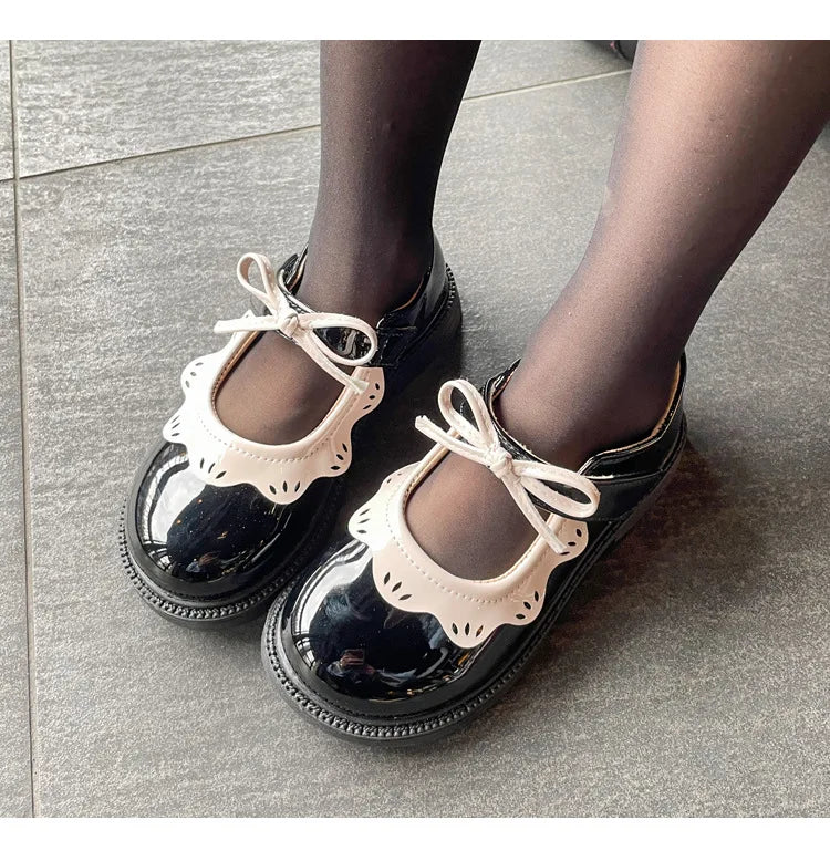 Girl's Princess Shoes Wine Red Black Ruffles Elegant Patent Leather Bowknot Children Flat Shoes 21-35 Toddler Kids Single Shoe