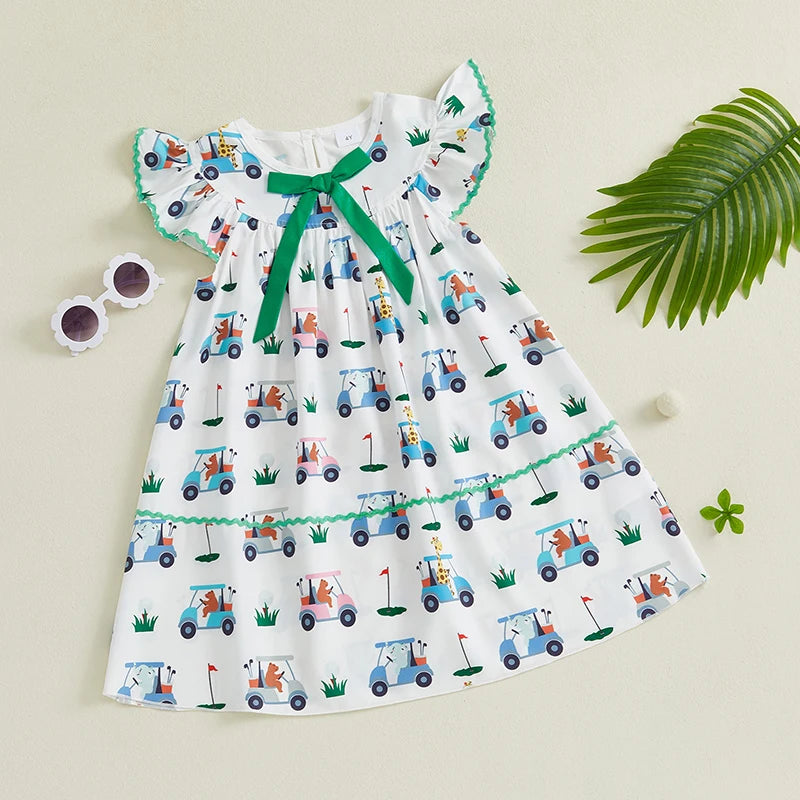 Girls Summer Sleeveless Round Neck Floral Print A-line Dress with Bow Detail