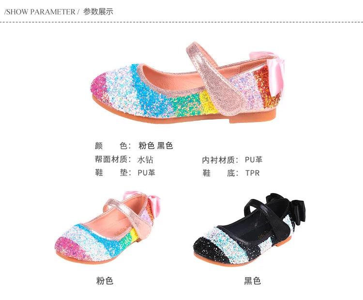 Girl Shoes Spring New Girls Soft Sole Leather Shoes Rainbow Sequins Dress Princess Shoes Kids Shoe Mary Jane Shoe Zapatos Niña