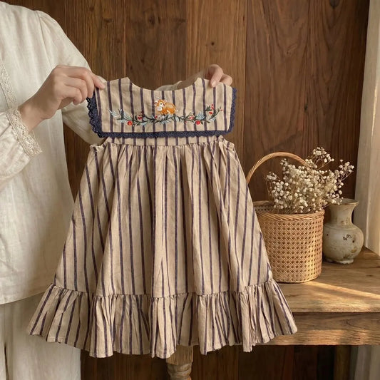Baby Girl Pure Cotton Princess Dress Summer New Style Girls' Striped Embroidered Dress