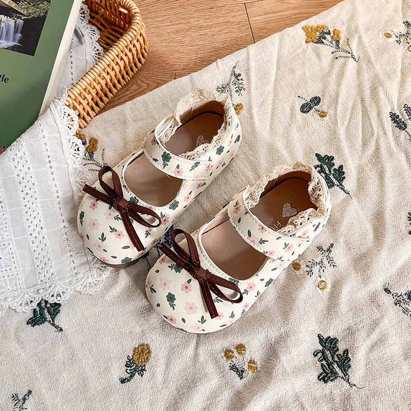 Spring Girl's Princess Shoes Floral Adorable Versatile Kids Flat Shoe Round Toe Soft Comfy Trendy Children Mary Janes 21-32