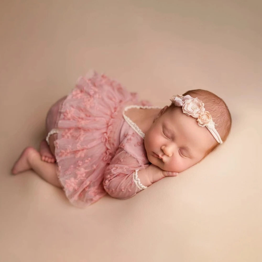 Baby Girl Tutu Dress Pink Lace Floral Embroidered Long Sleeve Romper Newborn Photography Outfit Photo Shoot