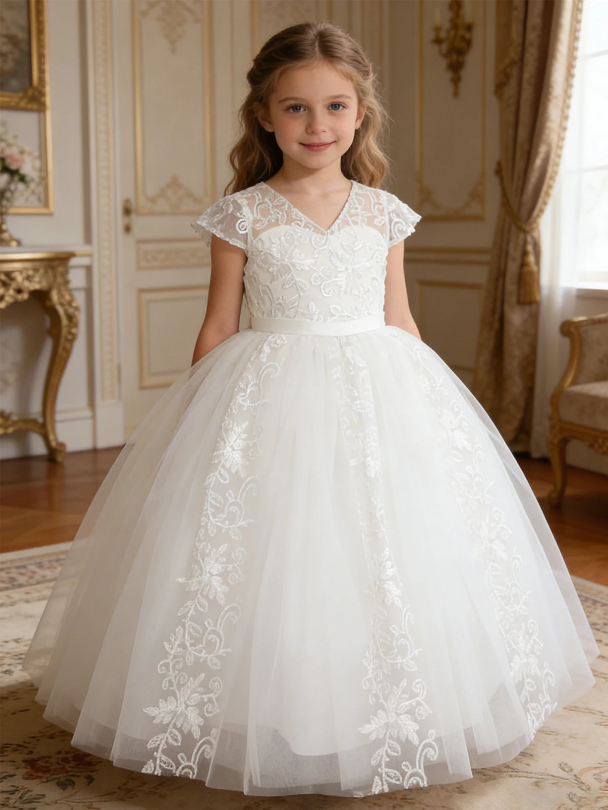 Girls V-Neck Lace Embroidered Flower Girl Dress