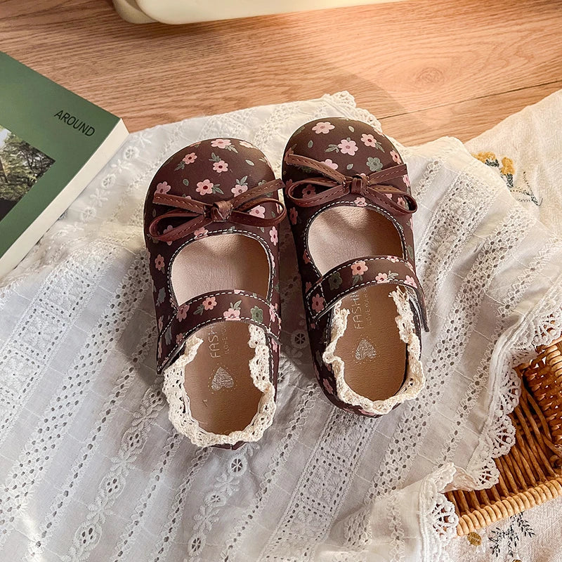 Spring Girl's Princess Shoes Floral Adorable Versatile Kids Flat Shoe Round Toe Soft Comfy Trendy Children Mary Janes 21-32