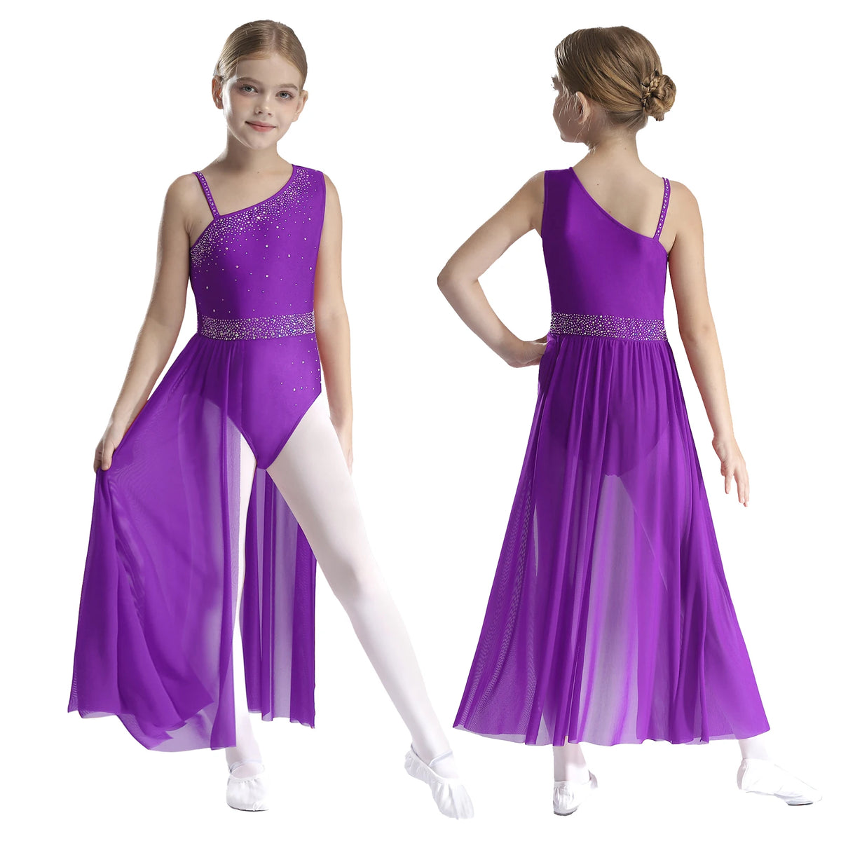 Girls Delicate 3D Flower Lyrical Dance Dress Asymmetrical Ruched Long Dress Gymnastics Modern Dance Clothes Performance Dress