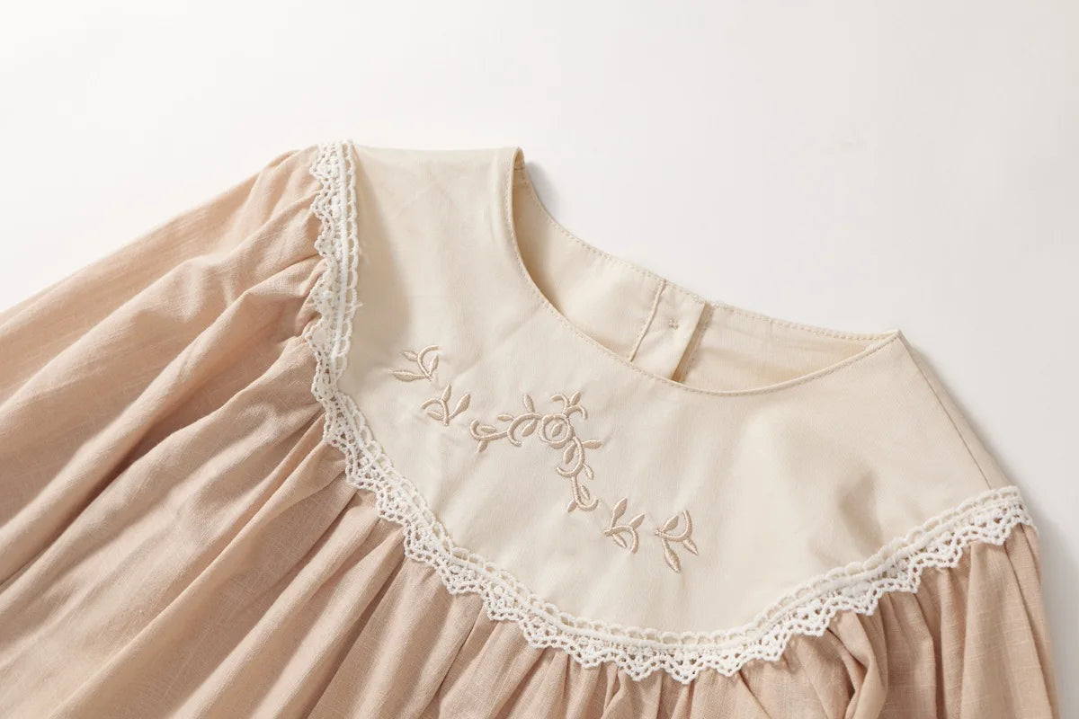 Toddler Girls Retro Dress Spring Autumn Cotton Lace Spliced Children Girls Dresses