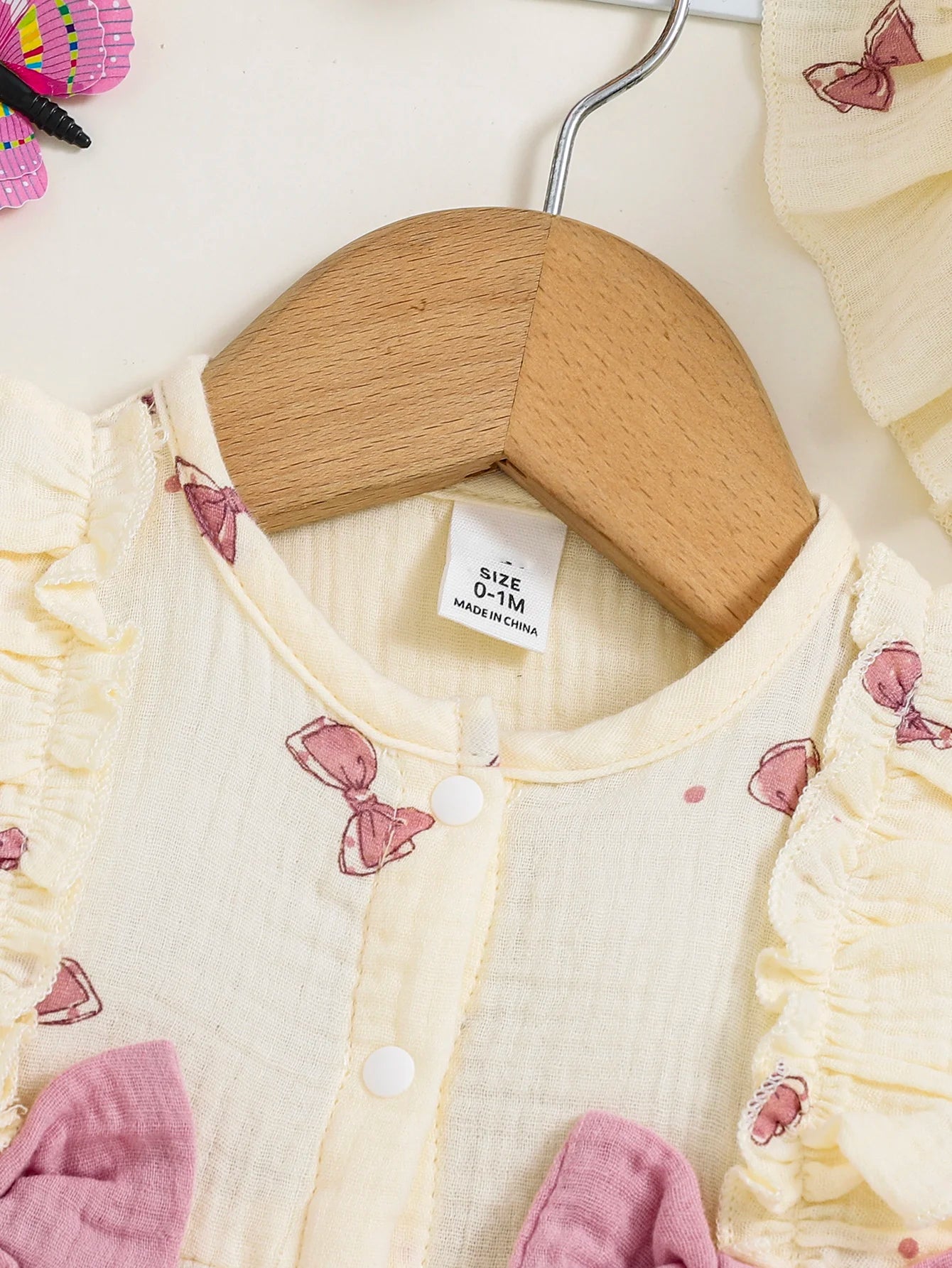 2Pcs Baby girl Dress Round neck Bow print Ruffle Edge Dress+Hat Set