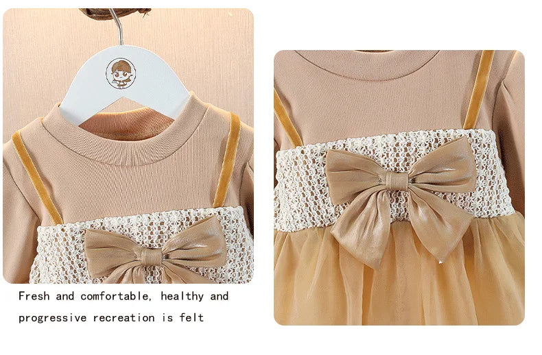 Elegant Baby Girl's Dress Spring Autumn Long Sleeved Princess Style Birthday Party Clothes Sweet Big Bow Lace Children's Dress