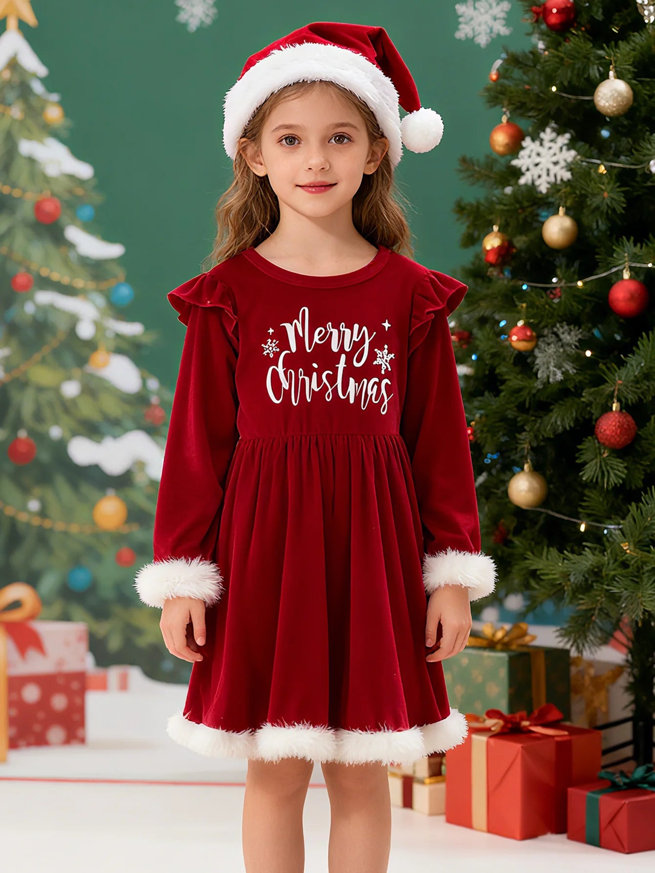 Girls Halloween Christmas Dress Letter Print Long Sleeve Crewneck Party Wear