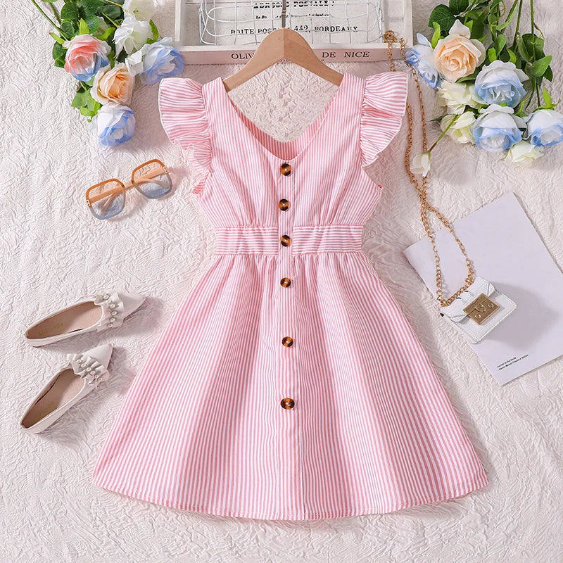 4-7 Years Girl Dress Summer New Stripe Ruffled Sleeveless V-Neck Dress