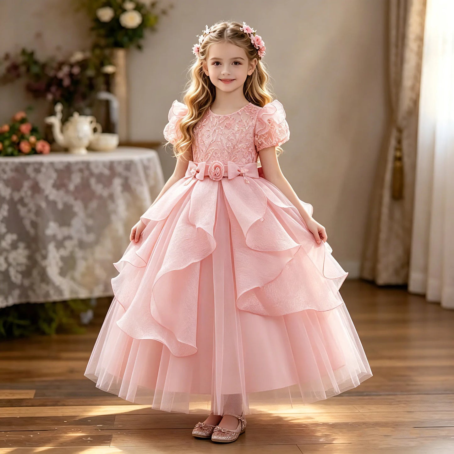 Gorgeous Elegant Girl Dress Model Show Piano Performance Birthday Party