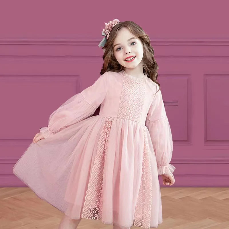 Spring Autumn Kids Girls Dresses Lantern Sleeve Lace Princess Dress