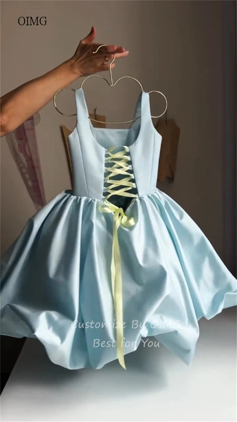 OIMG Sky Blue Ball Flower Girl Dresses Square Neck Wedding Party Dress