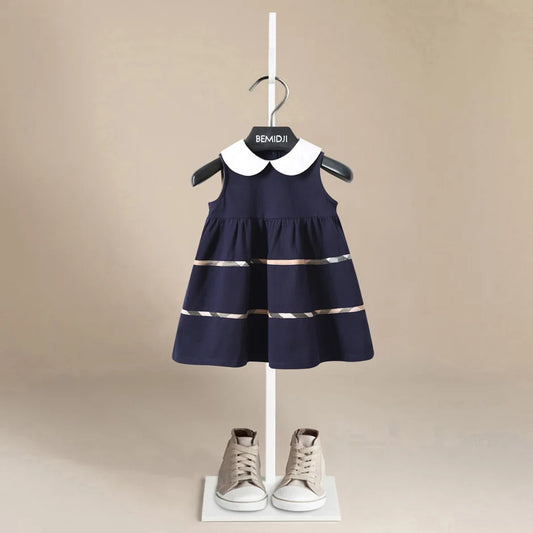 Summer Casual Fashion Turndown Collar Baby Girls Dresses Kids Sleeveless Plaid British Style Dress