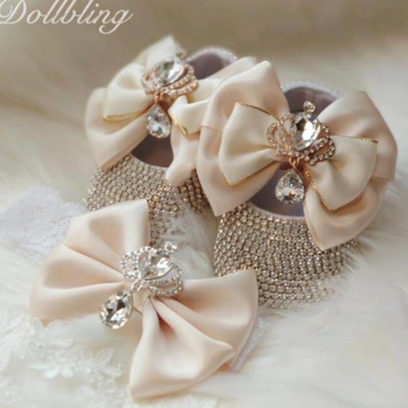 Dollbling Baroque Pink Rhinestones Baby Girl Shoes First Walker Headband Set Sparkle Crystals Princess Shoes Baby Shower SH3