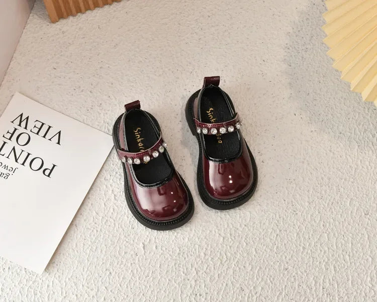 Girls Performance Shoes Round Toes Glossy 2025 Spring Autumn Kids Leather Shoes Pu Soft Sole Girls Flat Shoes Non-slip Ins Trend