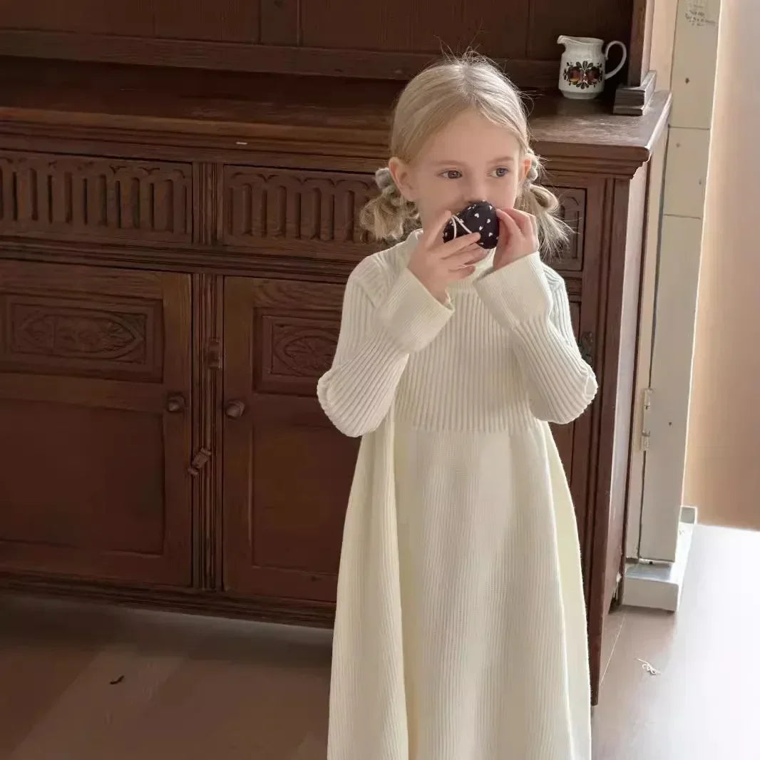 4950-1 Girls Dress 2024 Autumn and Winter New Korean Children's Solid Color Princess Dress