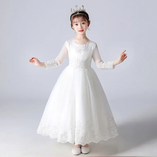 Spring Autumn Party Dress for Kids Girl Lace Long Sleeve Sequin Dress
