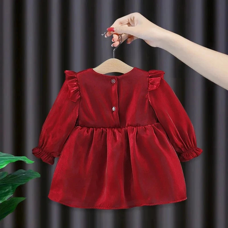 Baby Girl Cute Costume Fall 2024 Children Mesh Cotton Dress with Long Puff Sleeve Princess Dresses Spring Bow Dress for Girls
