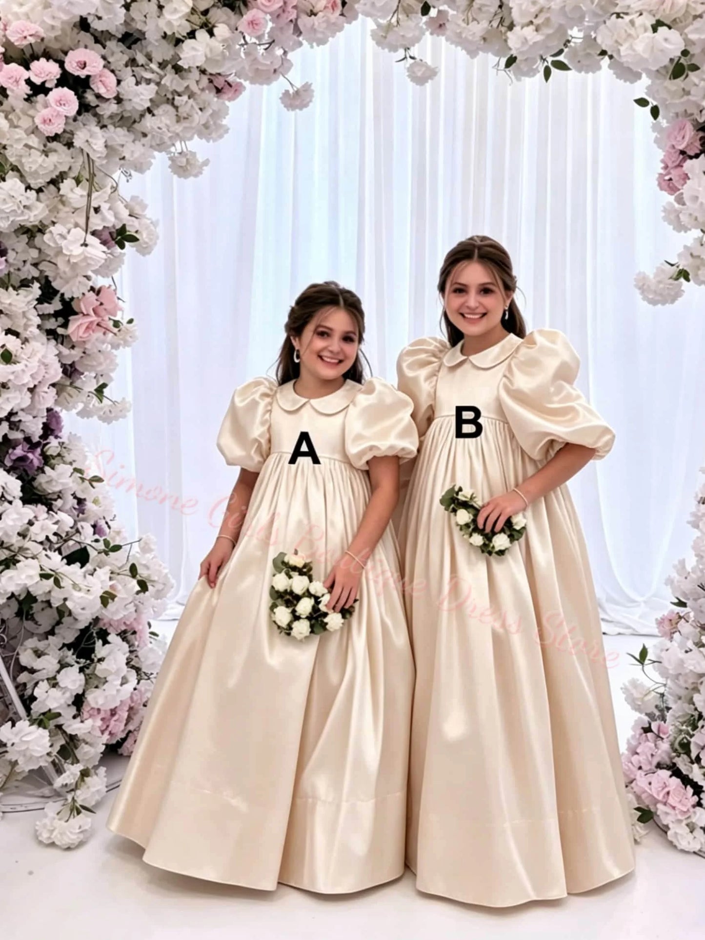 Girl Gown Elegant Princess Draped Flower Girl Dress for Wedding Party Neck High Waist Balloon Sleeve Holy Communion Dress Custom