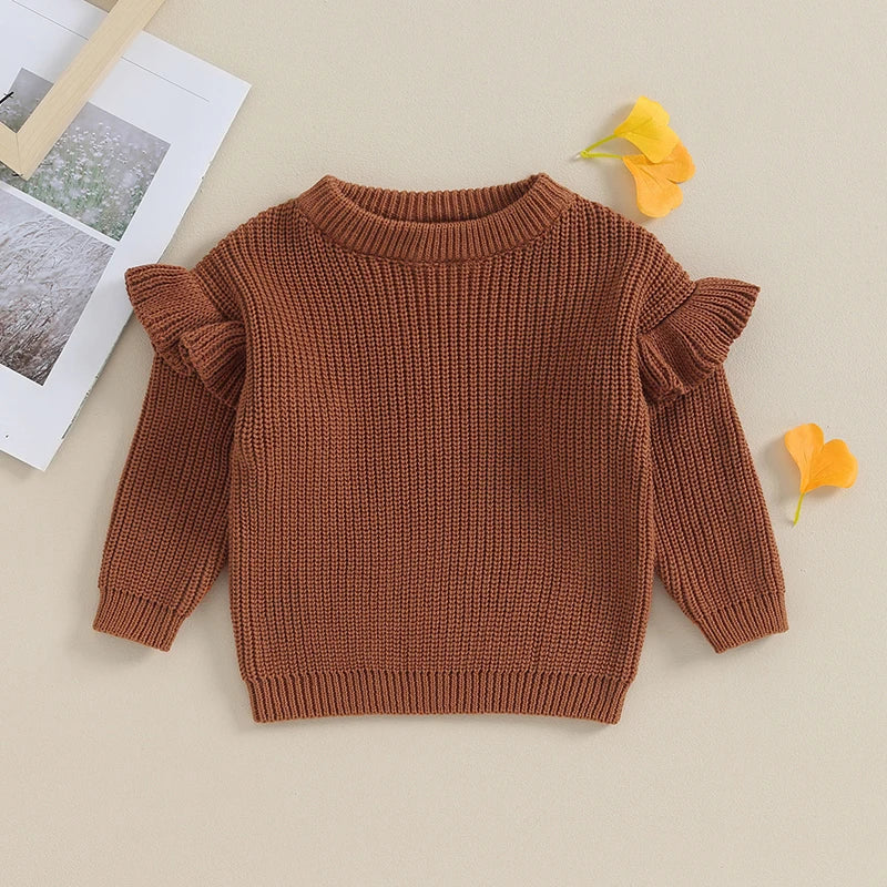 Basley Girls Sweater Solid Color Ruffle Long Sleeve Knit