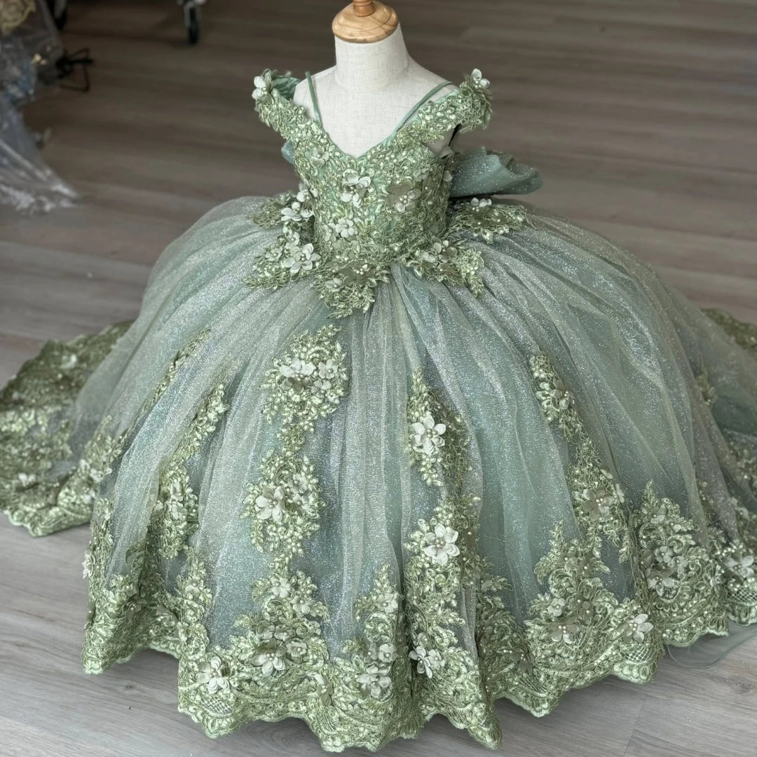 Customized Flower Girl Dress Green Tulle Floral Appliques With Bow For Wedding