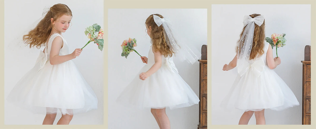 Girls Elegant White Communion Party Dress For Toddler Kids  Sleeveless Princess Tulle Dress