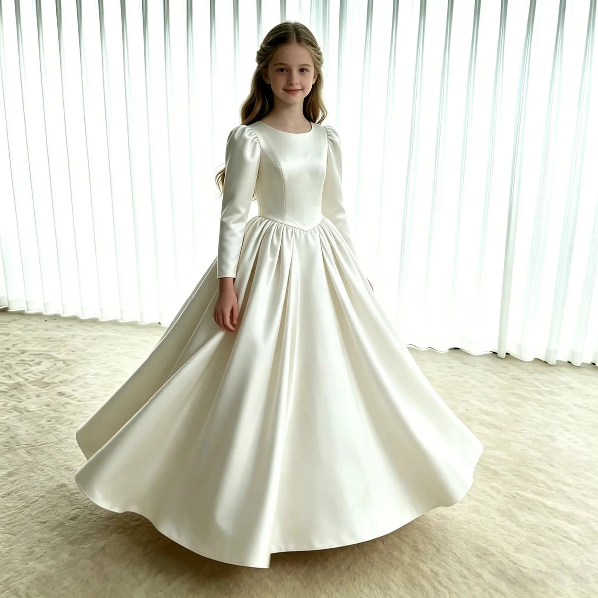 Girls First Communion Dress New Long Sleeves Satin Elegant Tail Evening Gown Girls Wedding Party Princess Dress for Juniors