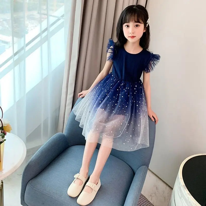 Summer Sleeveless Fashion Gauze Dress Girls Starry Sky Gradient Princess Dress