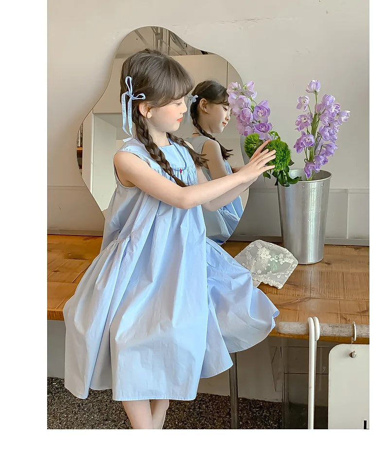 Ana Summer Junior Girl Sleeveless Dress Solid Side Cotton Dress