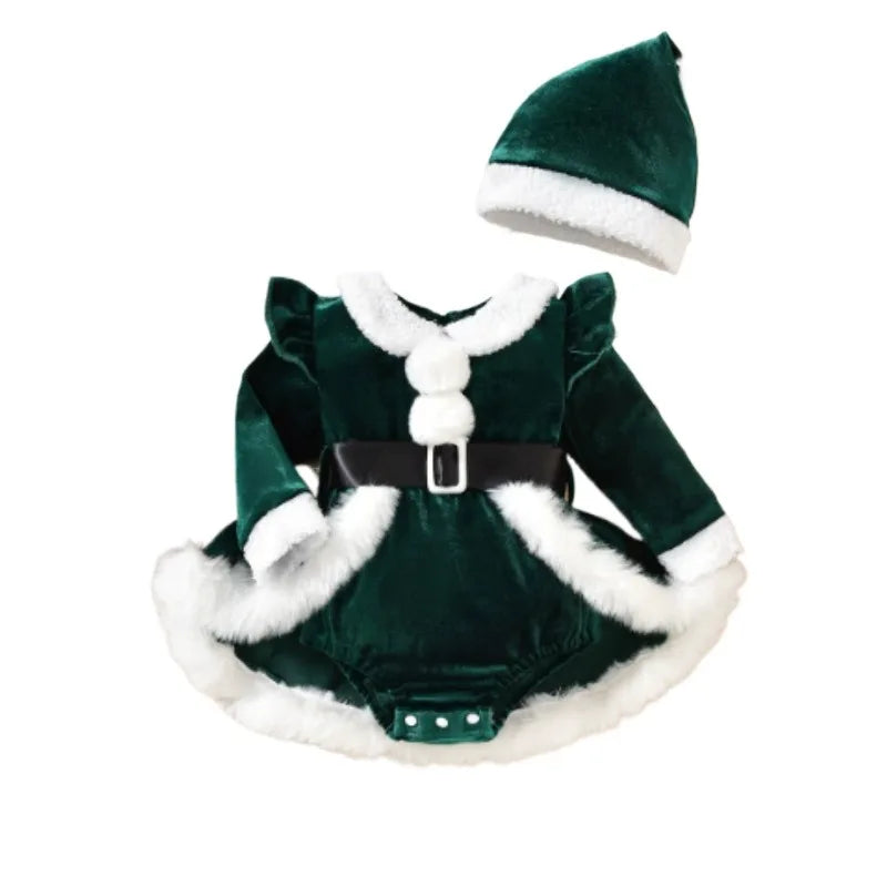 Baby Girl's Christmas Velvet Dress with PP shorts & Hat Set ,Pom pom Trim baby girl Dress