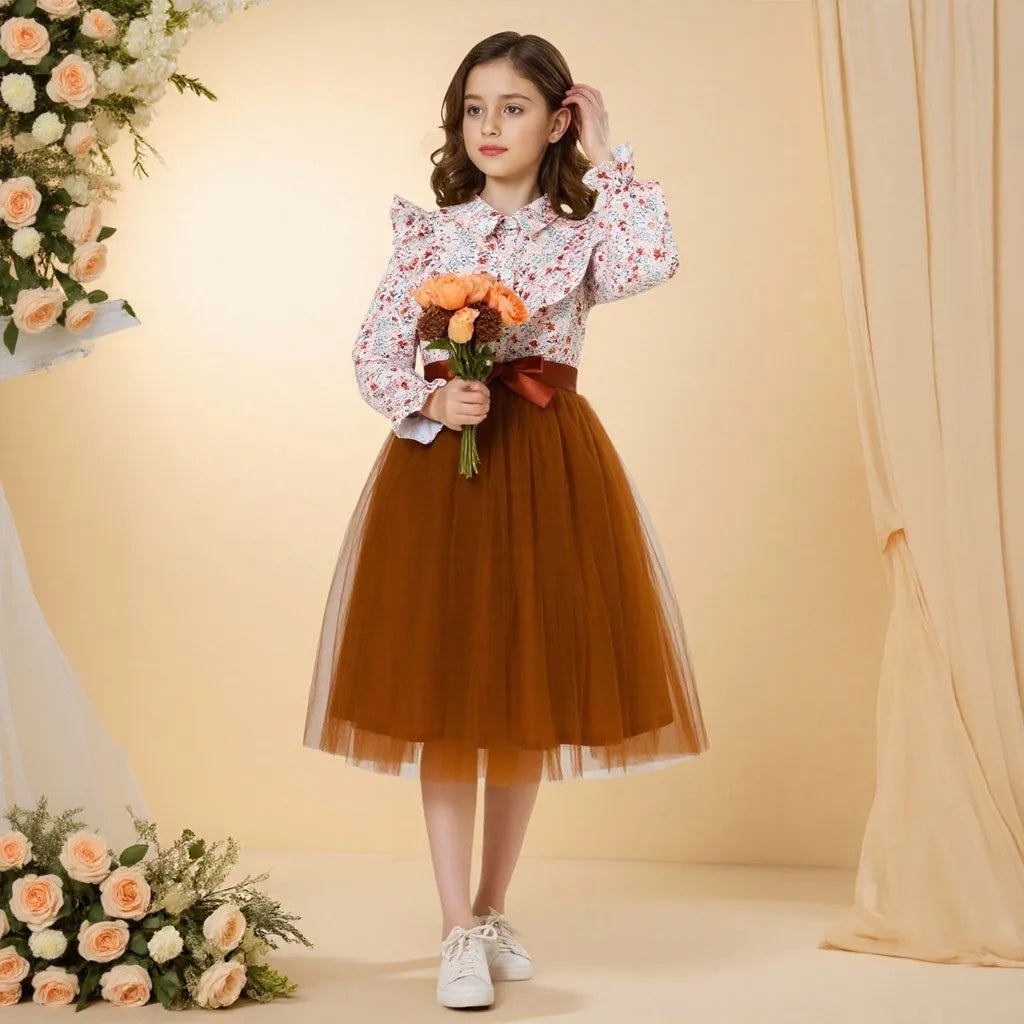 Kids Girl Black Dress Summer Long Sleeve Floral Gauze Belt Children Dress