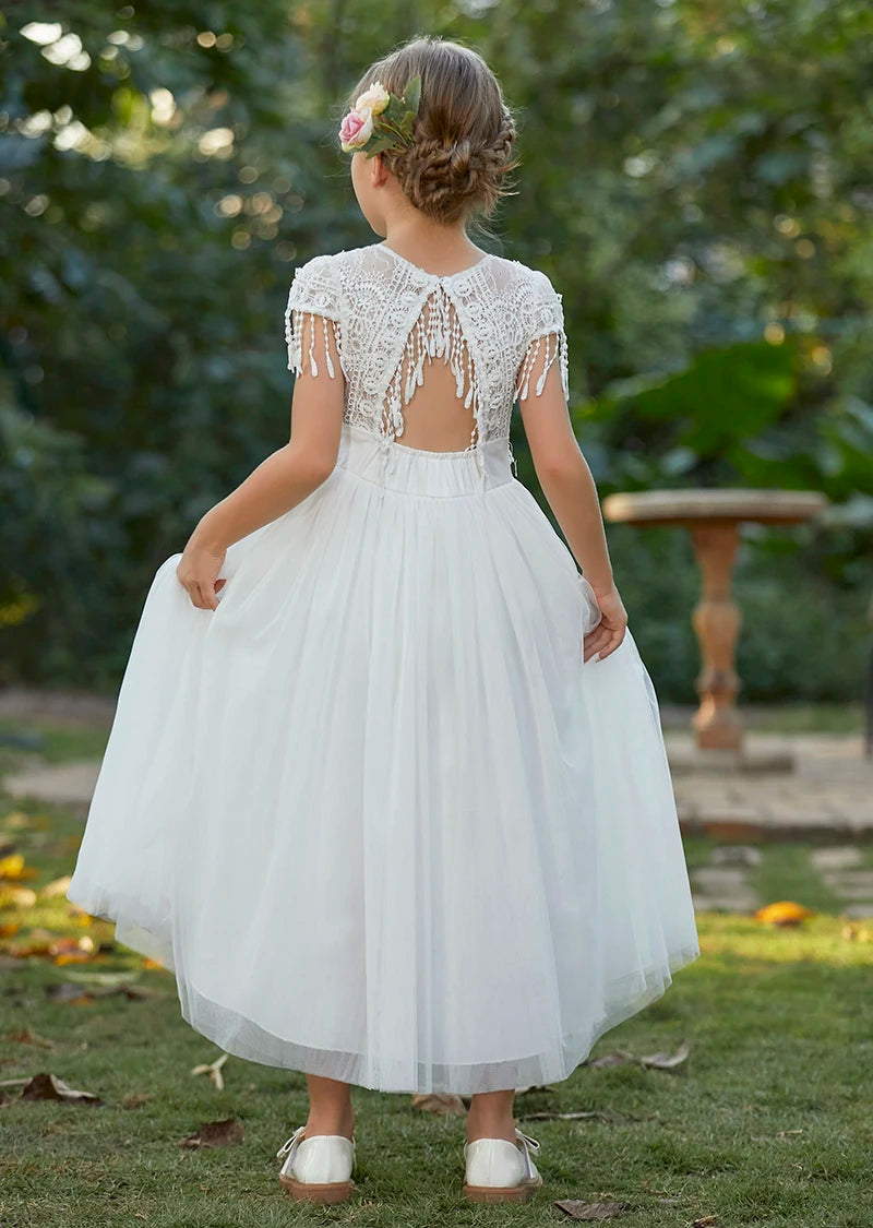 Christmas Girl's New Bohemian Style Lace Tassel Flower Backless Solid Color Dress