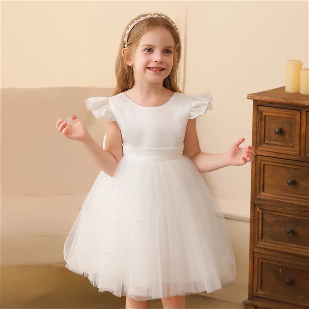 Toddler Girl Flower Birthday Tulle Dress Backless Bow Wedding Party Dress