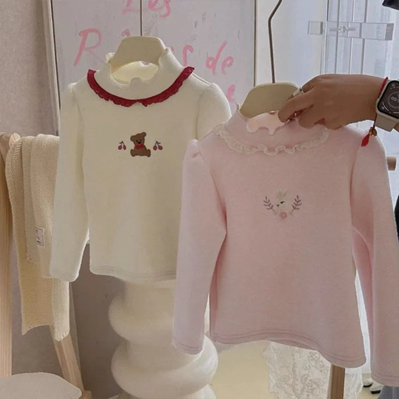 Lisa Bunny Embroidery Fleece Tops for Girls
