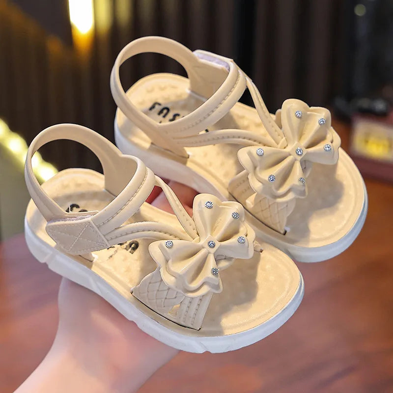 New Summer Bow Pearl Ornament Flat Sandals For Girls Aged 1-7 Children Slippers Non-slip Outdoors Seabeach Flip Flops Kids Shoes